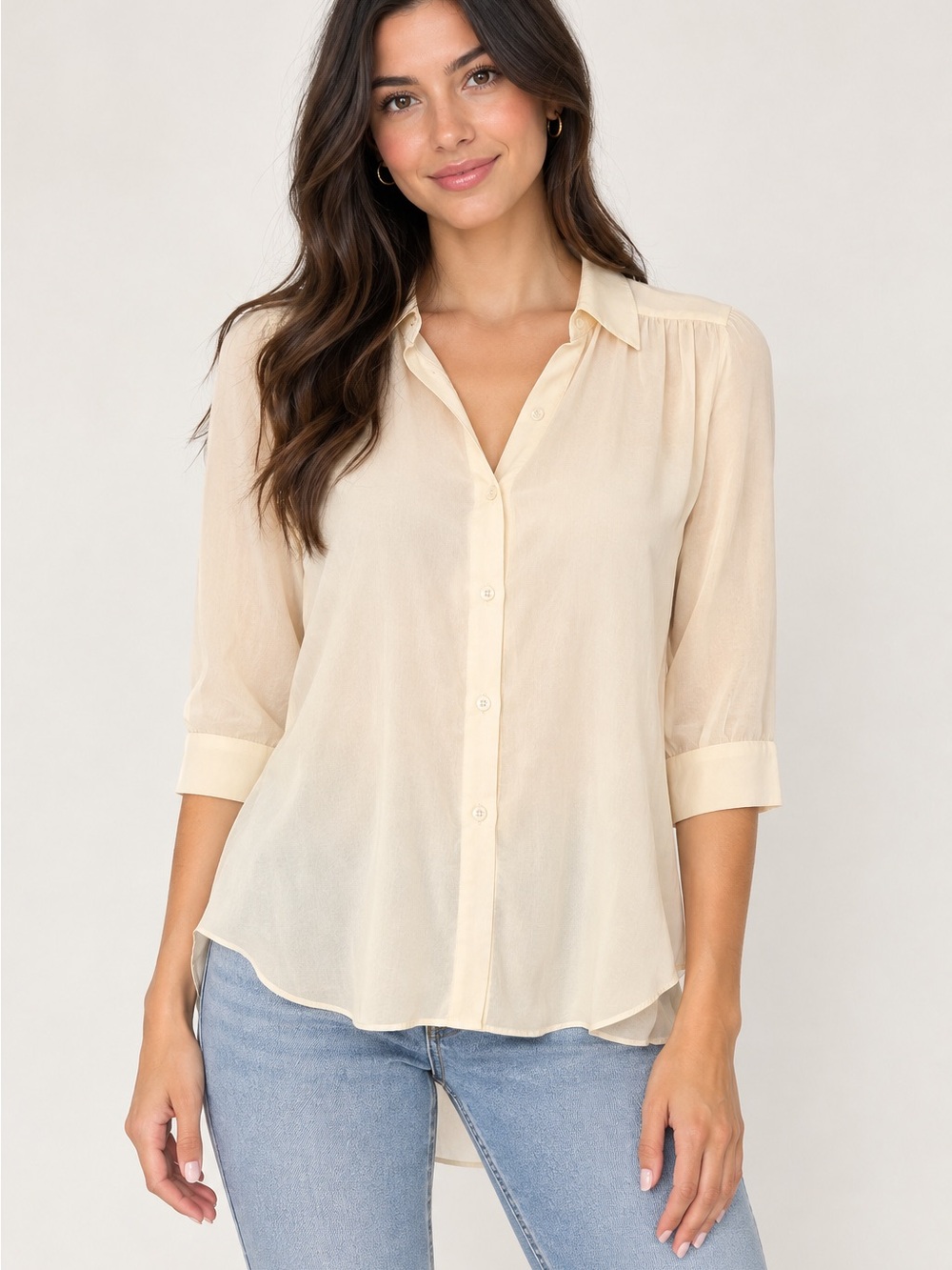 Wilfred 100% Silk Sheer Cream Button-Down Blouse